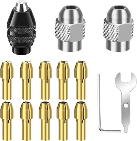 مجموعة أدوات حفر تشاك من SUNJOYCO، 15 قطعة 1/32 "إلى 1/8" استبدال كوليت نحاسي مع مجموعة أدوات صواميل مثقاب دوارة بدون مفتاح in Saudi Arabia