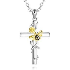Cross Necklace 925 Sterling Silver Sunflower Pendant Cute Bee Necklace You are My Sunshine Jewelry Birthday Gifts for Women Teen Girls
