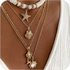 HUASAI Beach Shell Charm Necklace for Women Summer Starfish Shell Necklace Layered Boho Dainty Gold Necklace Summer Jewelry Stuff Beach Accessories Country Concert Outfits for Women