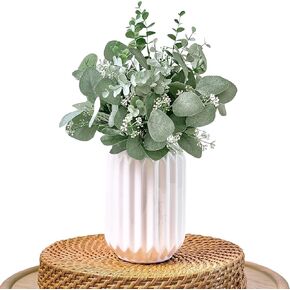 Artificial Eucalyptus Stems in White Ceramic Vase, Fake Plants Eucalyptus Decor Faux Eucalyptus leaves for Home Office Farmhouse Wedding Fake Eucalyptus Centerpieces for Tables Desk Faux Plants