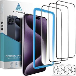 3 واقيات شاشة لهاتف iPhone 15 Plus [6.7 بوصة] + 3 واقيات لعدسة الكاميرا مع إطار التثبيت. صلابة 9H، بدون فقاعات، صديق للحافظة، زجاج مقسى. [3+3 حزمة]