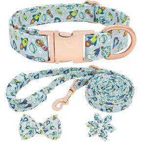 Dog Collar and Leash Set Adjustable Girls Puppy Floral Collars with Bow Tie for Small Medium Large Dogs(S, Blue Planet)