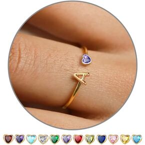 JSJOY Birthstone Rings for Women 26 A-Z Initial Ring Adjustable 14k Gold Ring Birthday Gifts for Her Rings for Teen Girls Sister Bridesmaid Gifts Dainty Letter Jewelry