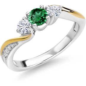 925 Silver and 10K Yellow Gold Green Nano Emerald White Moissanite and White Lab Grown Diamond 3 Stone Engagement Ring For Women (0.53 Cttw, May Birthstone, Available In Size 5, 6, 7, 8, 9)
