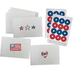 Patriotic American Greeting Cards Set - 24 Note Cards with Envelopes & Red White Blue Sticker Seals - Great for Thank You Cards