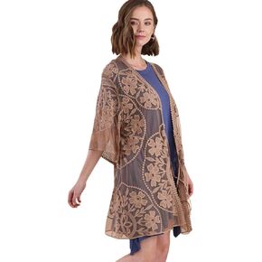 Umgee Oh Sweet Lace! Floral Lace Open Front Kimono with Waist Tie (Small, Mocha)