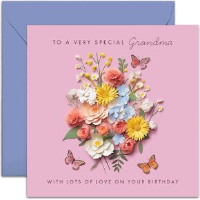 Old English Co. Special Grandma Birthday Card for Her - Pink Flower Butterfly Paper Cut Out Artwork Birthday Card for Grandma from Grandchildren - Cute Grandma Birthday Card for Her