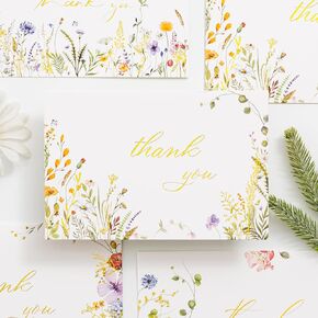 Crisky 4 Assorted Gold Foil Thank You Cards, Watercolor WildFlowers (25 Cards with Envelopes for Birthday, Baby Shower, Bridal Shower, Wedding, All Occasion)