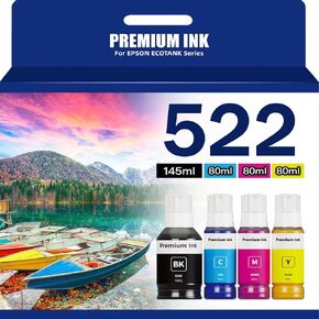 522 Ink Refill Bottles Replace Epson 522 Ink for Epson EcoTank ET-2400, ET-2803, ET-4800, ET-2800, ET-2840, ET-4810, ET-4700, Epson EcoTank ET-2720（BK C M Y, 385ml）