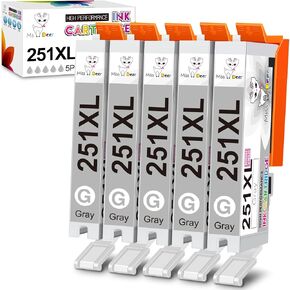 Miss Deer Compatible 251 Ink Cartridges Gray Replacement for Canon 250 XL CLI-251XL GY PGI-250XL High Yield Work for Canon Pixma MG6320 MG7120 MG7520 iP8720 Printer 5-Pack (5 Grey)