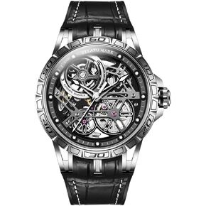 OUPINKE Skeleton Mens Watches Automatic Mechanical Luxury Watch Sapphire Crystal Leather Band Waterproof Luminous Dress Wristwatch