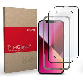 iCarez Tempered Glass Screen Protector for iPhone 14 6.1-inches 2022 [2-Pack] Case Friendly Full Coverage Tray installation Black Frame