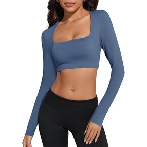 Fisoew Womens Workout Crop Tops Long Sleeve Seamless Athletic Shirts Slim Fit Yoga Gym Active Top