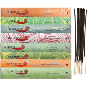 Auroshikha Incense Sticks Sampler ~ with Yoga & Meditation ~ Sage, White Lotus, Rosemary, Lemongrass, Vetivert, Sandal-Saffron, Eucalyptus and Pine