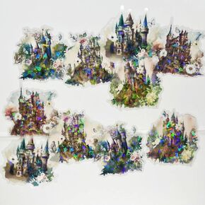 10pcs PET Transparent Watercolor Castle Flower Vinyl Stickers Decals Bulk for Water Bottles Scrapbooking Journaling Door Firefighters Cars Resin Glass Cups Envelopes (Vintage Castle)
