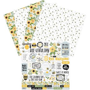 Bee Scrapbook Stickers - Kit with Honey Bee Scrapbook Paper 12x12 Inch | Floral, Bee Cardstock Paper, Sticker Set for DIY Craft, Card Making, Album, Journal | Bees, Honey, Flower Design | 5 Items