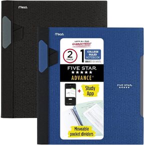 Five Star Advance Spiral Notebooks + Study App, 2 Pack, 1 Subject, College Ruled Paper, 11" x 8-1/2", 100 Sheets, With Spiral Guard and Movable Dividers, Black, Pacific Blue (820112)