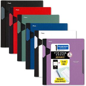 Five Star Advance Spiral Notebooks + Study App, 2 Pack, 1 Subject, College Ruled Paper, 11" x 8-1/2", 100 Sheets, With Spiral Guard and Movable Dividers, Black, Pacific Blue (820112)
