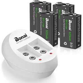 BONAI 6F22 9 Volt Rechargeable Battery(4 Pack) 600mAh Li-ion Rechargeable 9v Batteries with Charger(2 Bay) High Capacity