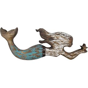 Morning View Wooden Mermaid Wall Decorations Hanging Wall Statue Large Wood Mermaid Wall Art Wall Sculpture Rustic Nautical Decor Coastal Beach Ocean Sea for Bathroom Home House 17X6.5 Inches (Pink)