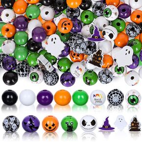 Whaline 210Pcs Halloween Wooden Beads with Hemp Rope 16 Style Halloween Pattern Decorative Wood Beads Muticolor Natural Round Loose Beads for Halloween Tiered Tray Farmhouse Decor DIY Crafts in Kuwait