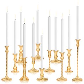 Gold Candlestick Holder Bulk Set of 12, Vintage Taper Candle Sticks Holder, Tall Mismatch Antique Brass Candle Holders for Table Centerpiece, Wedding, Birthday Party, Anniversary Decor