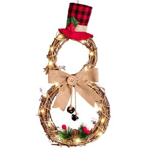 Artiflr Lighted Christmas Wreath Decoration Clearance,16 x 8 Inch Grapevine Wreath with Hat and Bow Snowman Shape Wreath for Front Door Home Garden Wall Decor cor