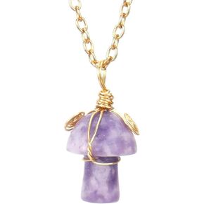 Mushroom Crystal Pendant Necklace for Women Colorful Stone Metal Rimmed Mushroom Necklace Teenage Girl Graduation Charm Necklace Jewelry(Pink/Purple