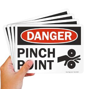 SmartSign (Pack of 4) 5 x7 inch “Danger - Pinch Point" OSHA Sticker Labels with Symbol, 5 mil Laminated Polyester with SuperStick Adhesive, Red, Black and White