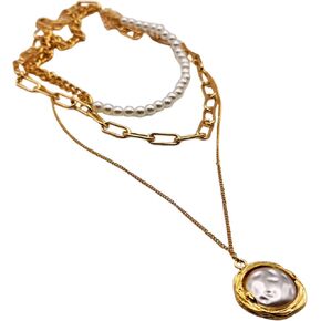 Charming Three Layered Gold Plated Cuban Link With Hammered Pearl Pendant Necklace For Woman And Girls in Saudi Arabia