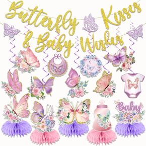 Butterfly Baby Shower Decorations, Purple Baby Shower Decorations Include Butterfly Kisses and Baby Wishes Banner Hanging Swirls and Honeycomb Centerpiece Party Decorations for Girl