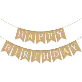 Pastel Happy Birthday Banner - Prestrung Colorful Burlap Happy Birthday Sign, Boho Rainbow Birthday Party Decorations