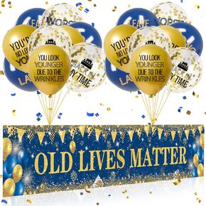 OLD LIVES MATTER ديكورات الحفلات باللون الأسود والذهبي المضحك لافتة عيد ميلاد سعيد و18 قطعة من بالونات الرجال القدامى ل30 و40 و50 و60 و70 و80 و90 من لوازم خلفية ساحة التقاعد في الهواء الطلق وداخل المنزل