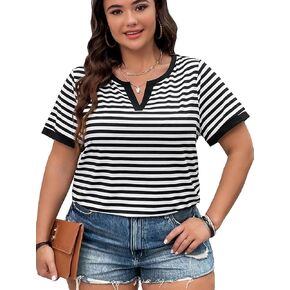 Floerns Women's Plus Size Striped Print Notched Neck Short Sleeve Tee Shirt