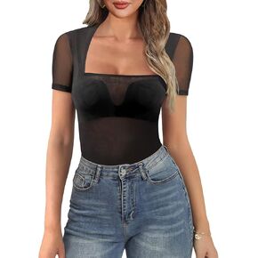 Allchic Women's Square Neck Sheer Mesh T-Shirts Short Sleeve Double Lined Blouse Tops.