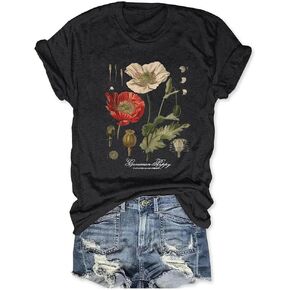 Memorial Day Vintage Poppy T-Shirt for Women Poppy Flower Language Crew Neck Short Sleeve Summer Tee