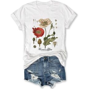 Memorial Day Vintage Poppy T-Shirt for Women Poppy Flower Language Crew Neck Short Sleeve Summer Tee