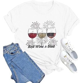 Patriotic T-Shirts for Women Red White and Blue 4th of July Shirt American Flag Wine Glass Graphic Tee Tops