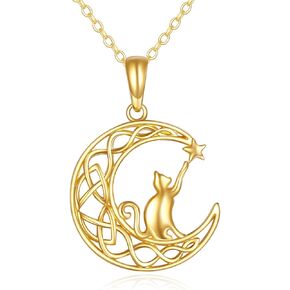 14k Solid Gold Cat Necklace for Women, Gold Moon Jewelry Birthday Gifts for Women, 16"+ 1"+1"