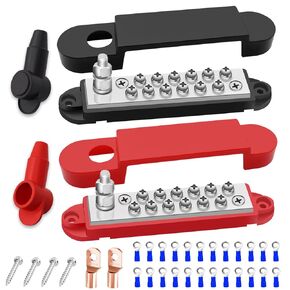 150A Bus Bar 12V Marine 1 x 1/4" (M6) Terminal Studs,12 x #8 (M4) Screw Terminal 12V Power Distribution Block,with 2PCS Covers and 26PCS Terminal Parts Battery Bus Bar for Boat Automotive Car