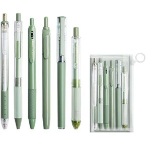 6 Count Pastel Gel Ink Pen Set,Cute Note Taking 0.5mm Fine Point Retractable 5 Count Black Ink Pens with 1 Count Highlighter for Writing, Journaling, School, Office (Green)
