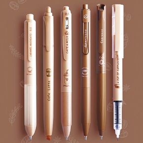 Cute Coffee Pen 5 Pcs Gel Pens with 1Pcs Highlighter 0.5mm Black Ink Pen Smooth Writing Pens Retractable Pens Office School Supplies Pens for Girls Boys Women Men (Coffee)