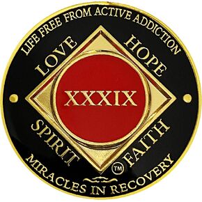 NA 39 Year Medallion, Narcotics Anonymous Coin, Gold Color Plated Recovery Token