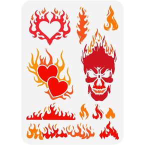 FINGERINSPIRE Flames Painting Stencil 8.3x11.7inch Large Fire Pattern Stencil for Painting Reusable Heart Patterns Drawing Template Plastic Skull Stencil Graffiti Theme Template for DIY Crafts