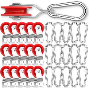 15 Sets 1-3/4" Red Nylon Pulley and 1/4" Spring Hook Set, Galvanized Snap Clip Reinforced Nylon Baseball Batting Cage Cable System for Netting Baseball Batting Cages