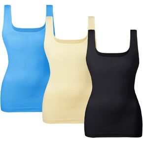 EUYZOU Women‘s 3PK Tummy Control Shapewear Tank Tops Seamless Square Neck Compression Tops Slimming Body Shaper Camisole - Black/Yellow/Blue L in Kuwait