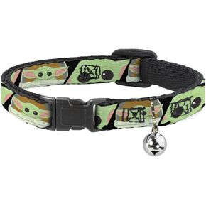 Star Wars Cat Collar, Breakaway Collar with Bell, Star Wars The Child Chibi Face Blocks Black, 8.5 to 12 Inches 0.5 Inch Wide