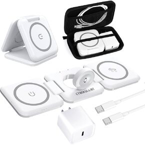 3 in 1 Wireless Charging Station for Apple Devices - Portable Foldable Magnetic Charger Stand for iPhone Airpods Apple Watch iWatch, Travel Charger for Multiple Devices w/Adaptor&Case