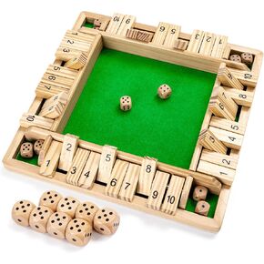 ropoda Wooden Shut The Box Game (2-4 Players) - Large 4 Sided Board, 8 Dice, Rules - Amusing Addition Game for Kids & Adults, 12 Inch