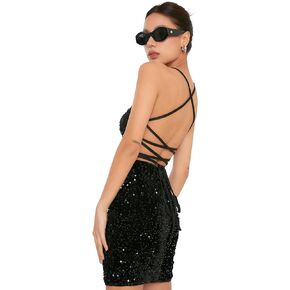 Women's Sparkly Sequin Backless Lace Up Mini Dress Shiny Spaghetti Straps Halter Bodycon Party Club Evening Dresses